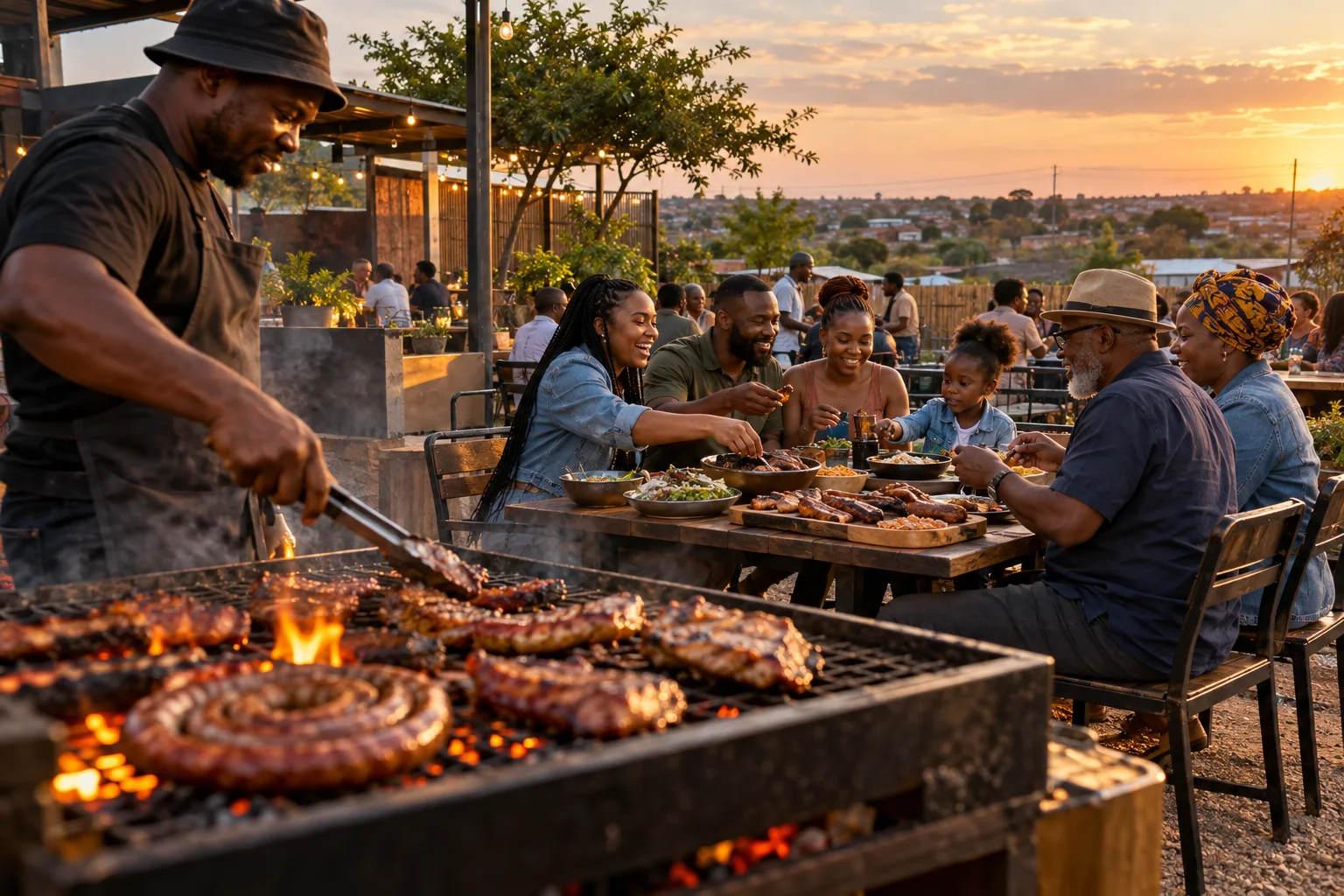 Editorial scene of a multigenerational group sharing an outdoor African braai meal