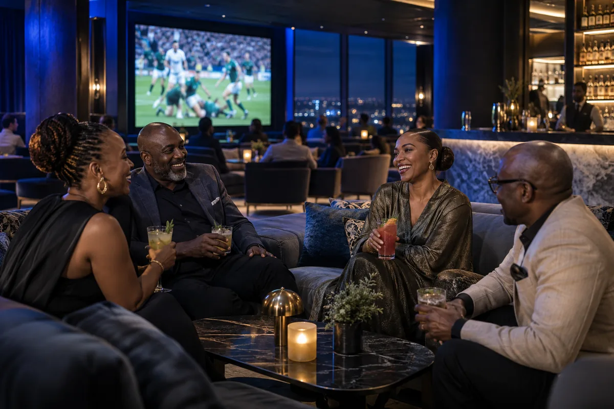 Editorial scene of friends relaxing in a contemporary sports lounge
