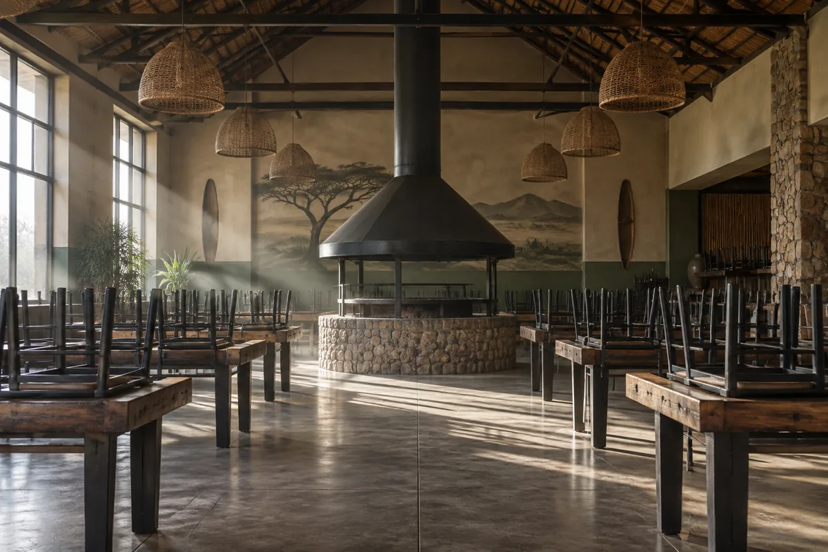 Editorial historical scene of an empty shisanyama-inspired dining hall