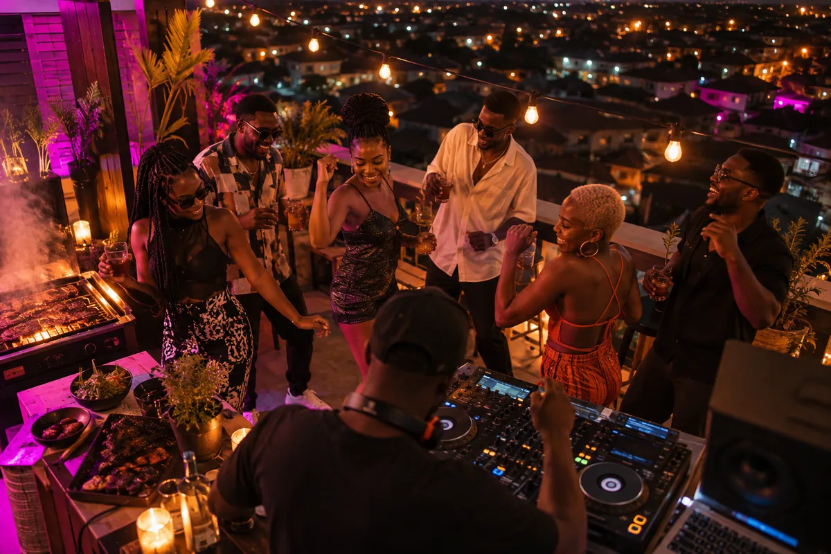Editorial scene of an open-air grill and DJ gathering at night