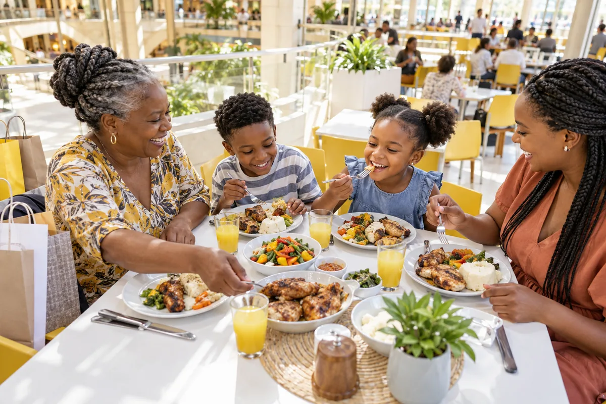 Editorial scene of a family sharing a grill meal in a mall food court