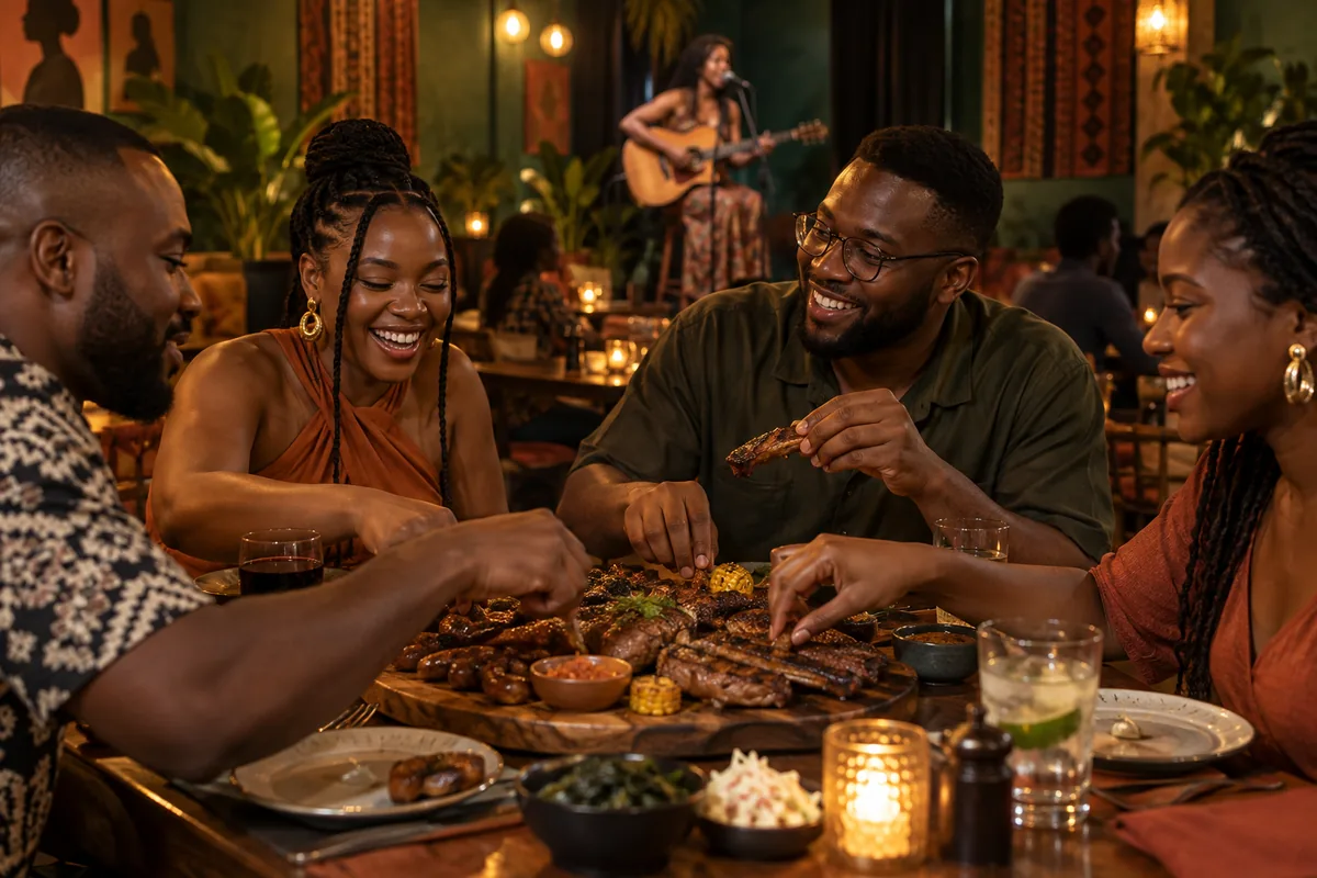 Editorial scene of friends sharing grilled food during a live acoustic performance