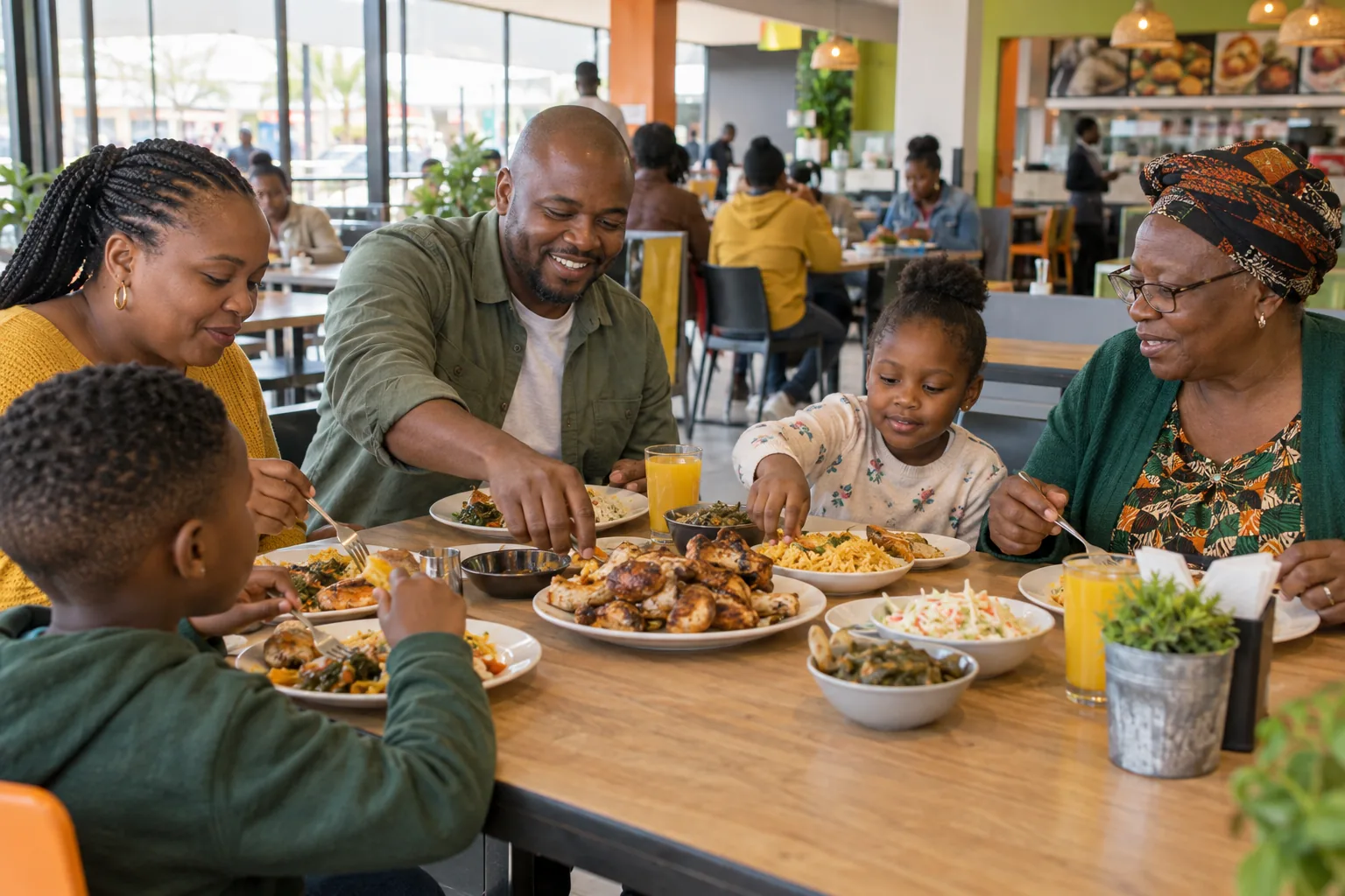 A multigenerational family sharing a casual meal during a local birthday outing