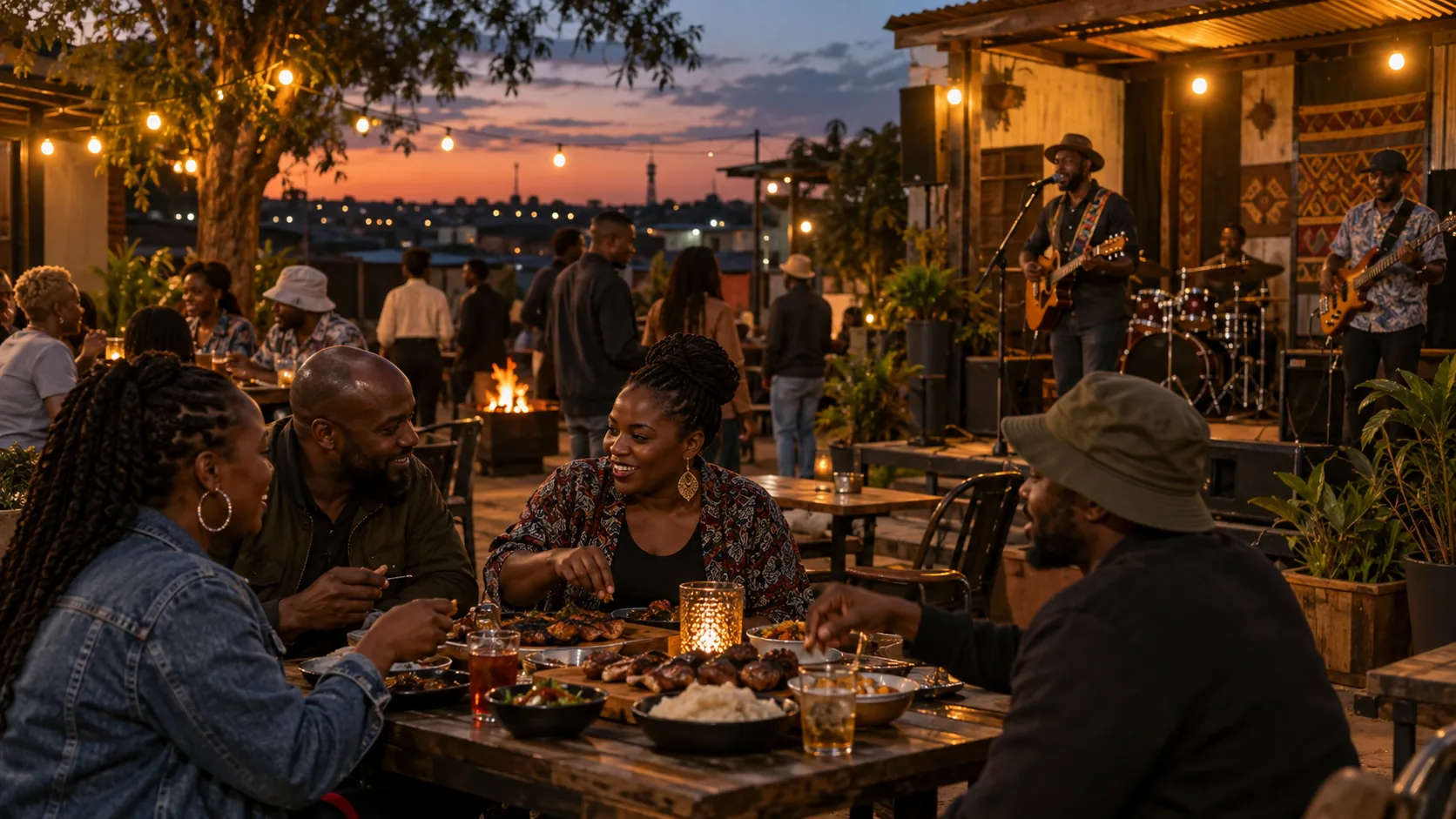 Friends sharing food while local musicians perform at an early-evening neighbourhood venue