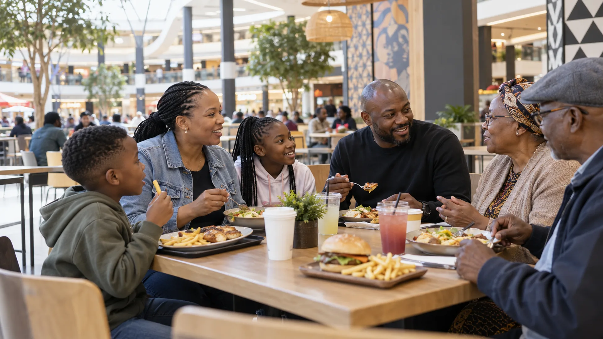 A multigenerational South African family sharing lunch in a shopping-mall food court