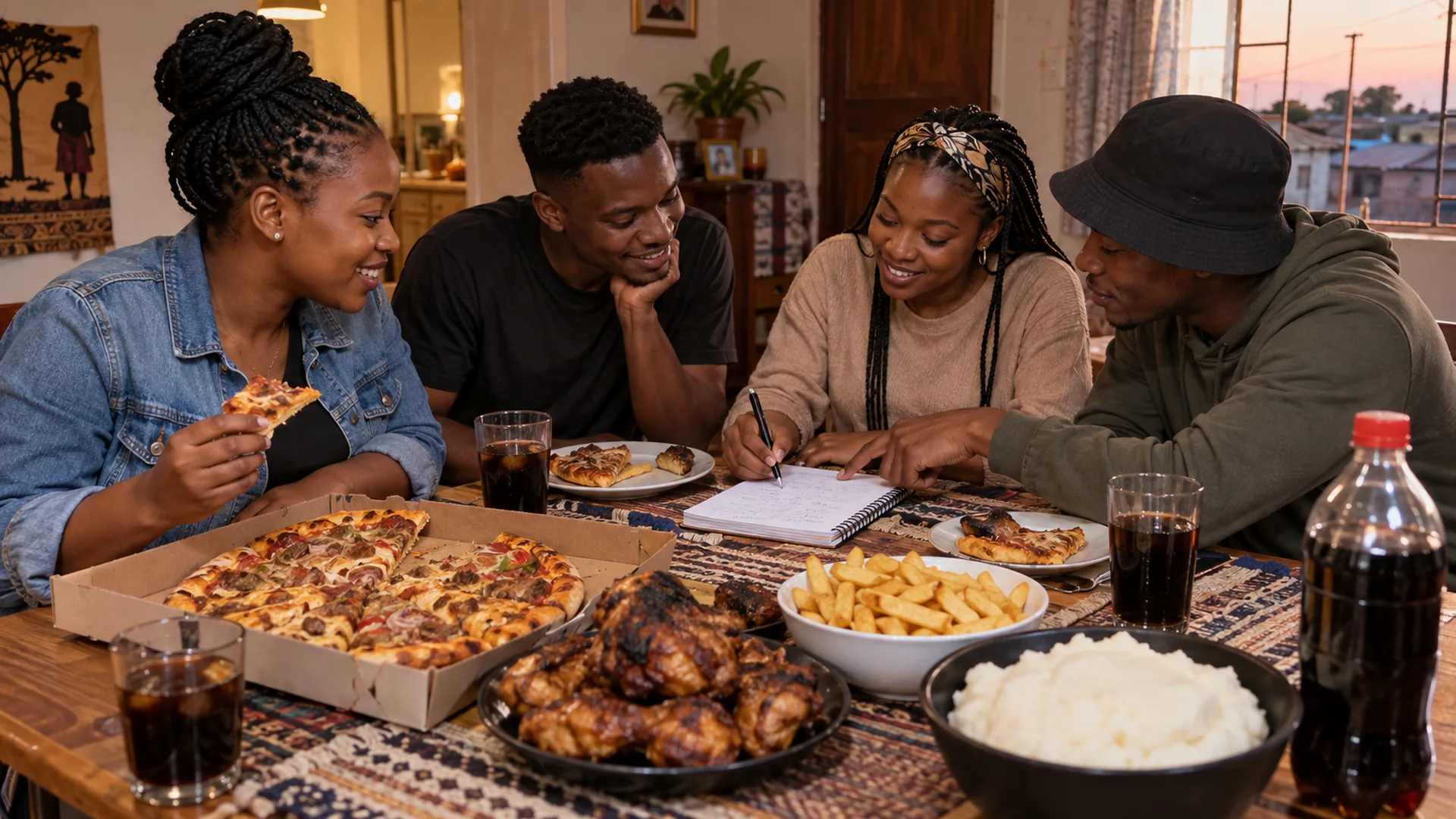 Friends sharing an affordable group meal while working out the cost together