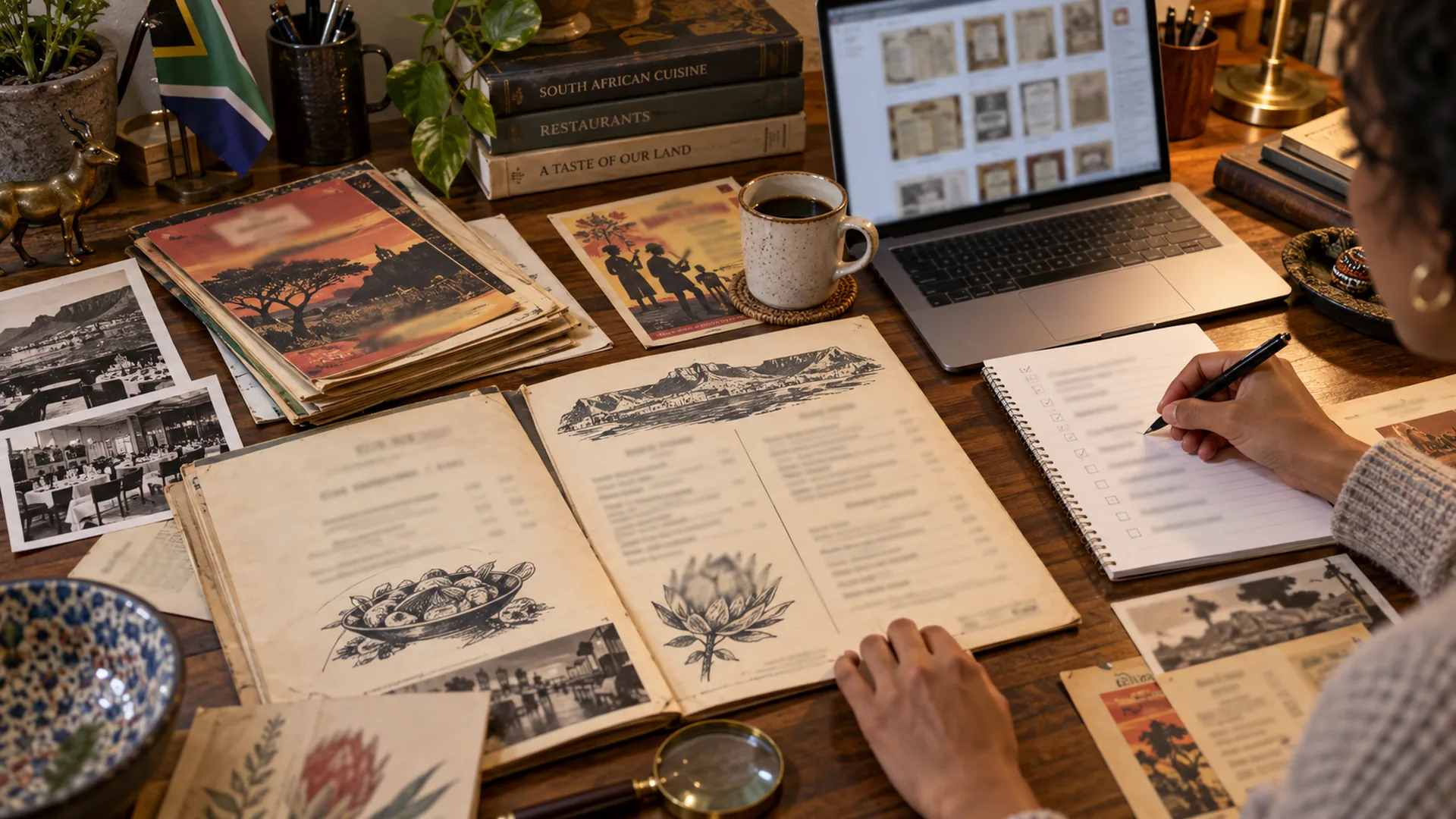 An editorial desk reviewing historic South African restaurant menus and archive material