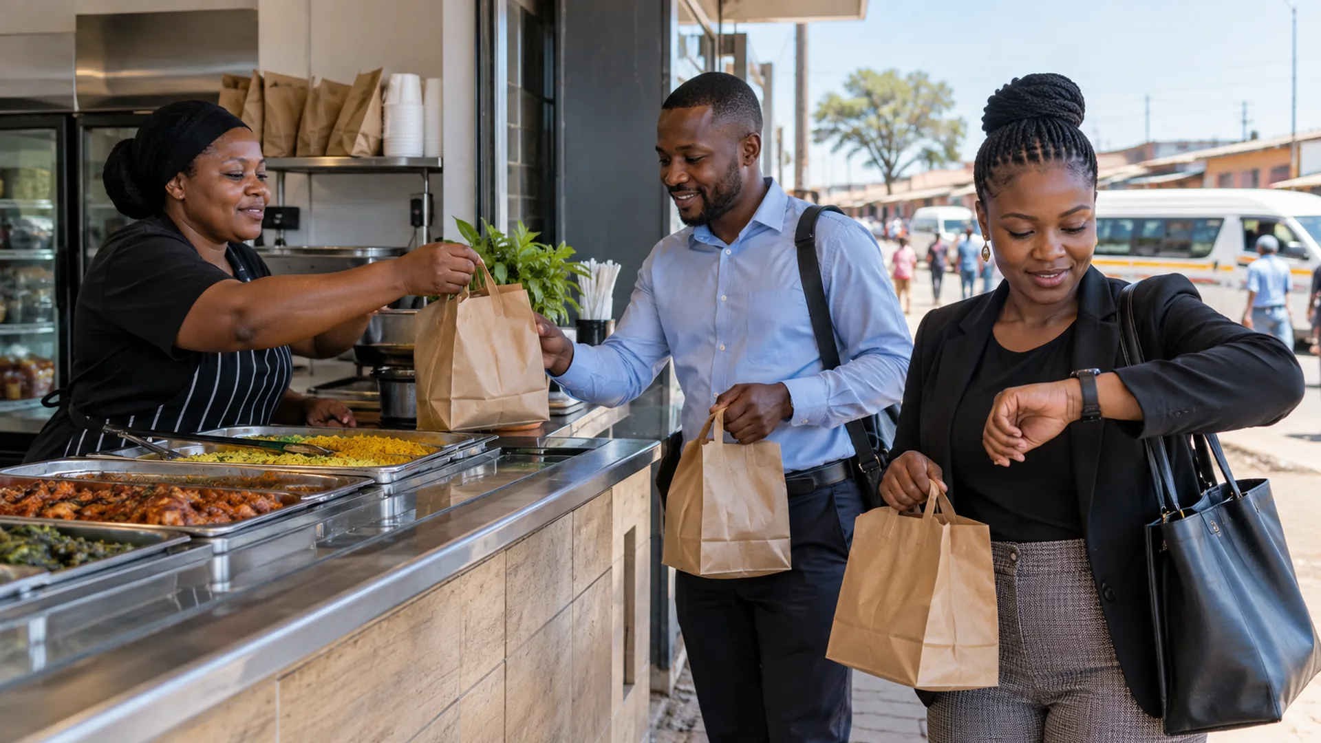 Two coworkers collecting quick takeaway lunches at a neighbourhood counter