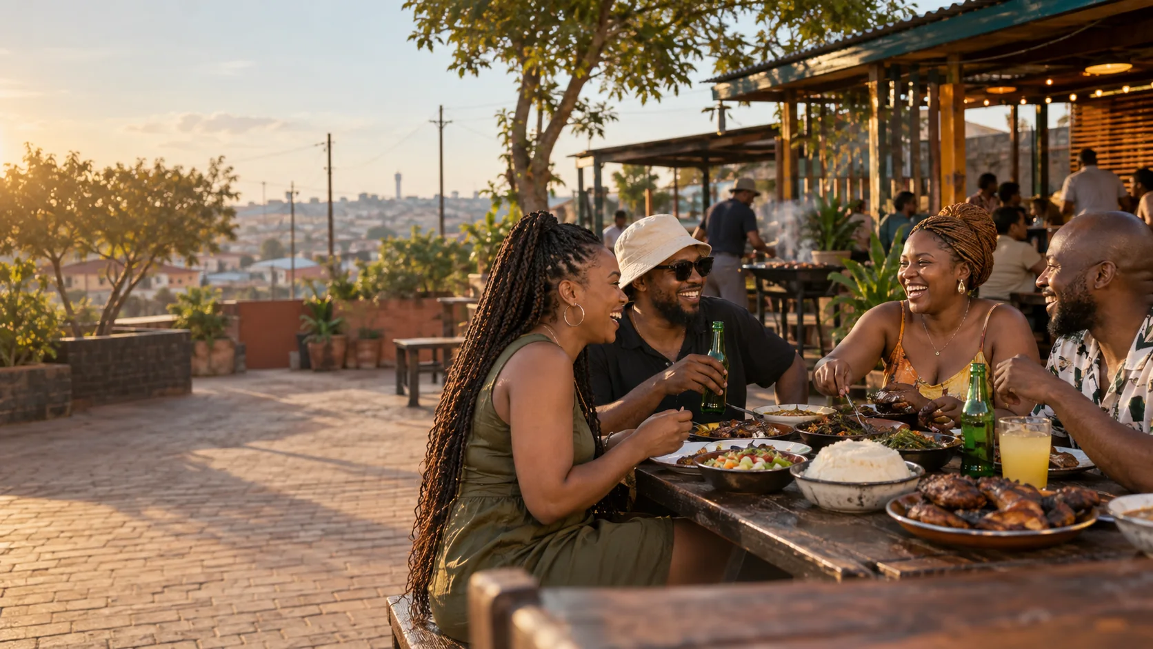 Friends meeting over food at a welcoming neighbourhood venue after planning their visit