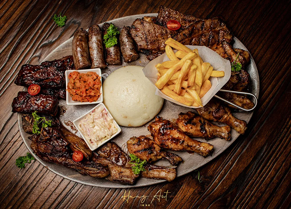 Hang Awt mixed braai meat platter with chips and pap